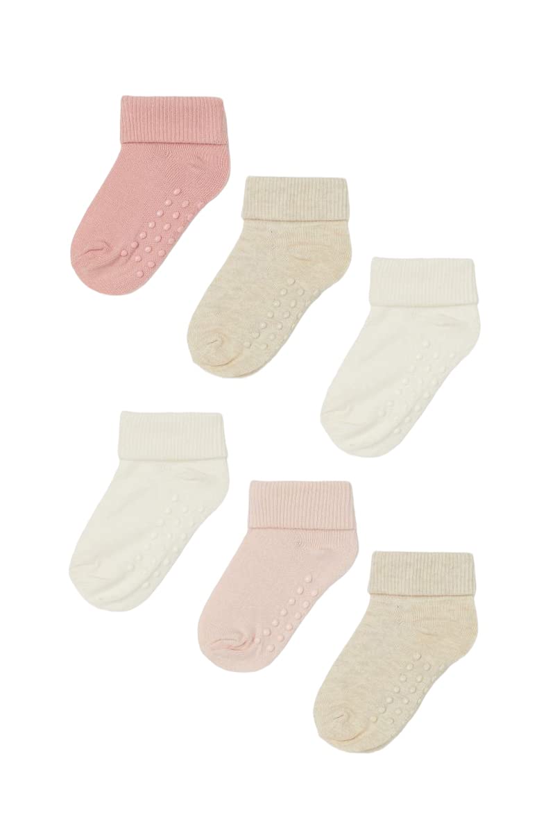 MEM SOCKS 6'lı Organik Pamuklu Kaydırmaz Çocuk-Bebek Çorabı (pembe-bej-krem, 6-18 ay)