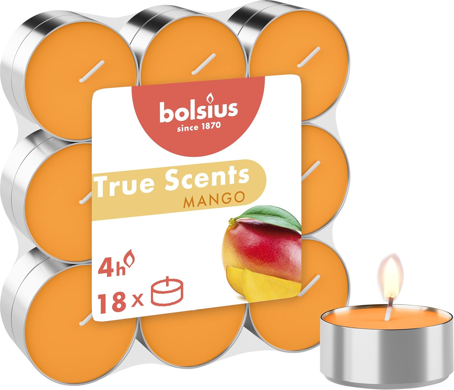 Bolsius Kokulu Tealight Mum, Mango Kokulu, Sarı Renkli, 18'li Paket, 4 Saatlik Uzun Yanma Süresi - Ev Mumu - İç Dekorasyon - Doğal Özler - Doğal Vegan Balmumu İçerir - Palmiye Yağı İçermez