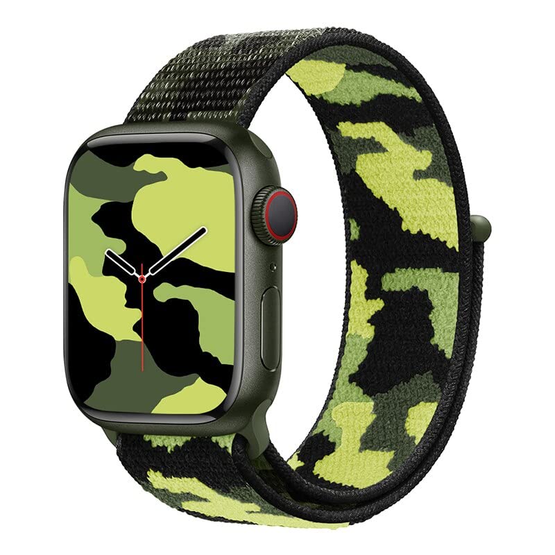 Coverzone Apple Watch 7 Ile Uyumlu Kamuflaj Desenli Kayış 45mm Hasır Örgü İşlemeli Kordon Asker Yeşil
