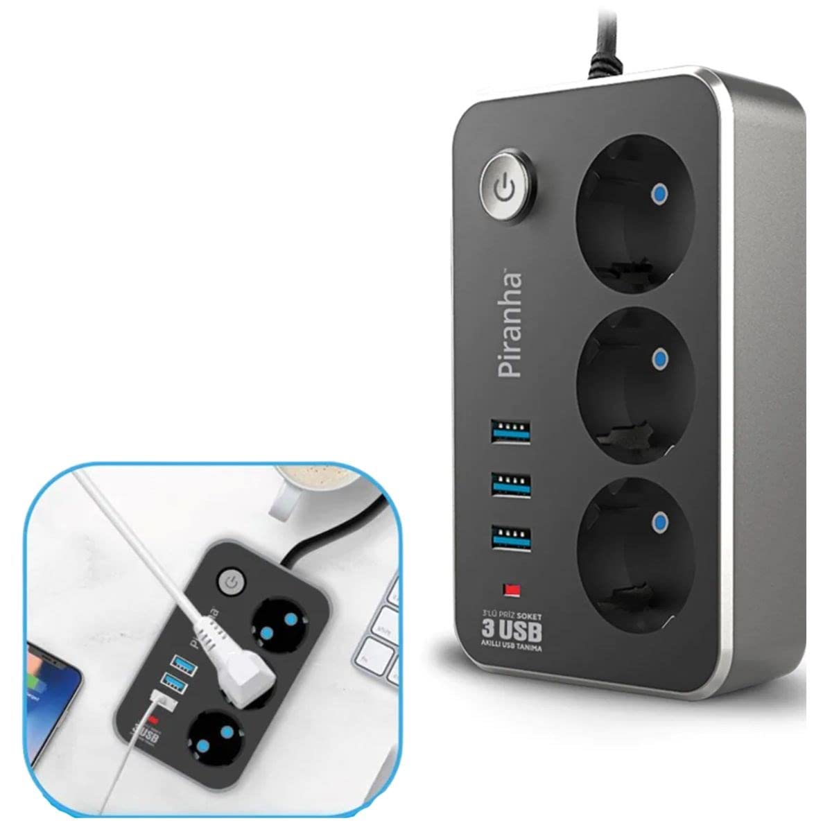 BUFFER® Isıya Dayanıklı Termal Akım Korumalı 2 Metre 10A 2500W 3lü Priz ve 3 Usb Li 2.1A Uzatma Kablosu