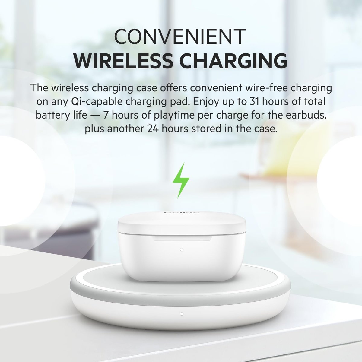 Belkin SOUNDFORM Flow True Wireless gürültü önleyici kulaklık, kablosuz, Bluetooth kulaklık, ter ve su sıçramalarına karşı korumalı, koruma türü IPX5, 31 saat çalışma süresi, iPhone