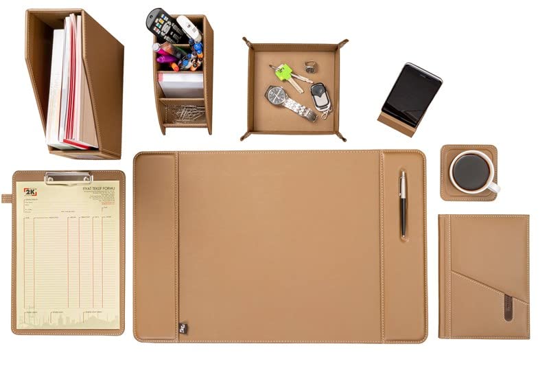 2K Sümen Takımı Masaüstü Suni Deri Hediyelik Set 8 Parça VİZON