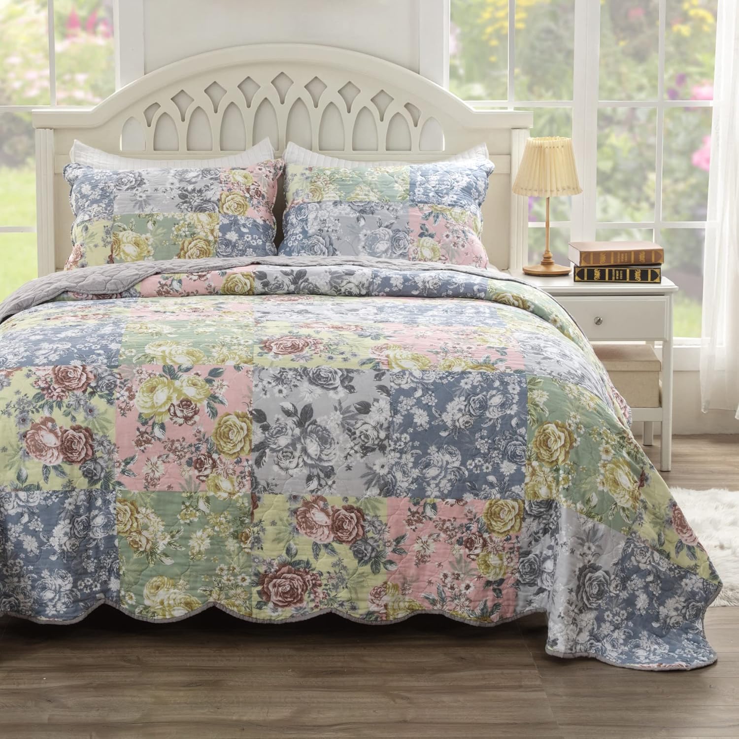 Greenland Home Emma Vintage Stil Yorgan Seti, 3 Parça Tam/Kraliçe, Gri