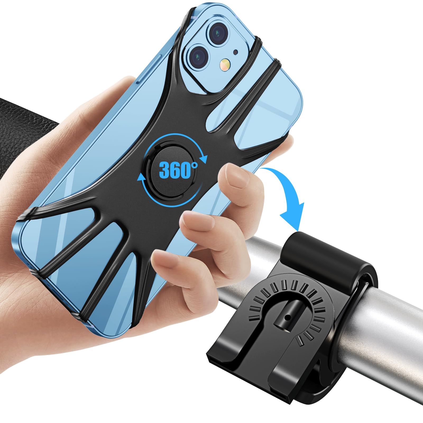 iBytoc Bisiklet Telefon Montajı, [360°Dönme Darbelere Dayanıklı] Bisiklet Telefon Tutacağı, Silikon Motosiklet Telefon Bağlantısı iPhone 16 ile Uyumlu, Daha Fazla 4,0 inç ila 6,7 inç Cep Telefonu