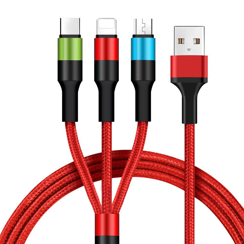 URUCHI 3 in 1 Hızlı Şarj Kablosu, Örgülü 1.2m Kırmızı, Lightning, Type-C, Micro USB, 3A Güçlü Dayanıklı Kablo, iOS ve Android Uyumlu