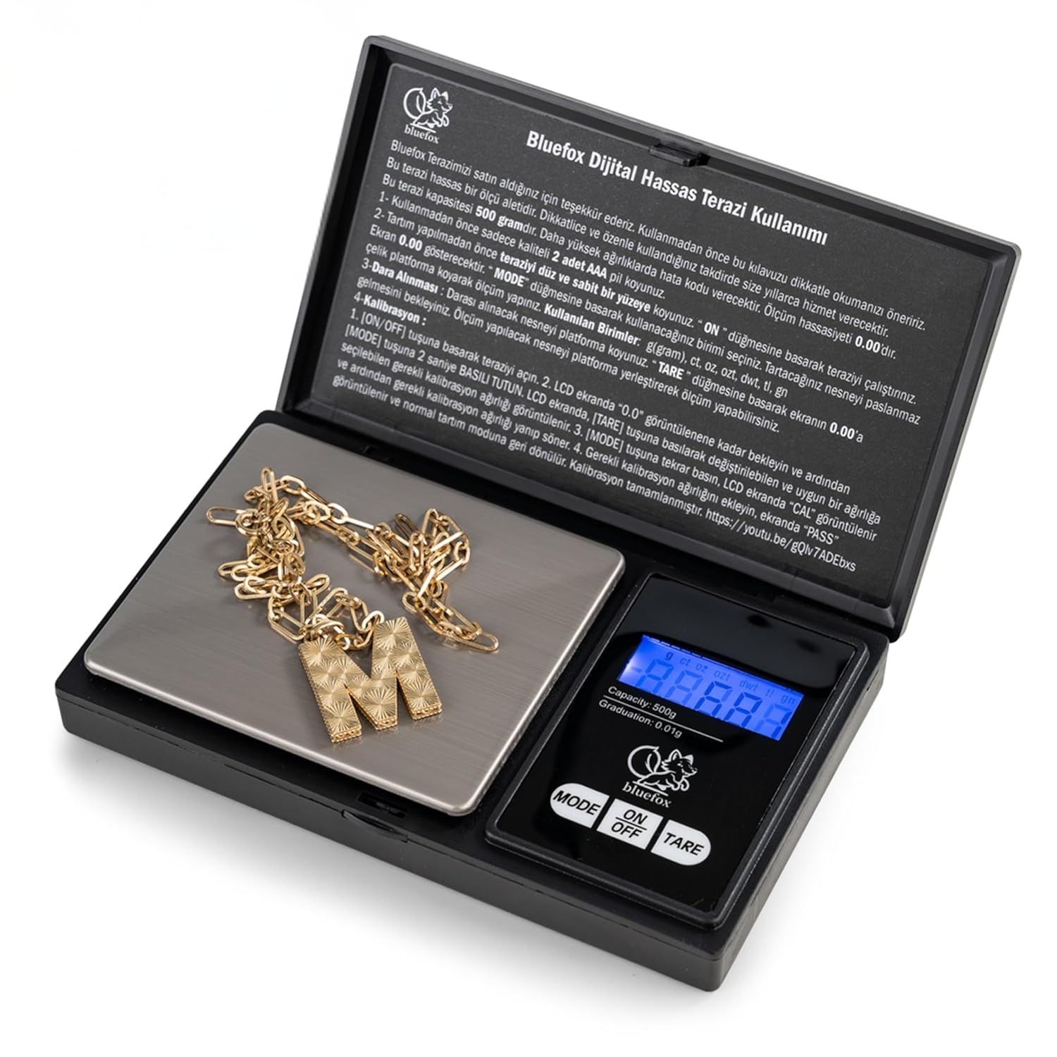 Bluefox Dijital Cep Tartısı - 500g Kapasite, 0.01g Hassasiyet, 7 Ölçü Birimi, Dara Fonksiyonu, Büyük Ekran, Otomatik Kapanma