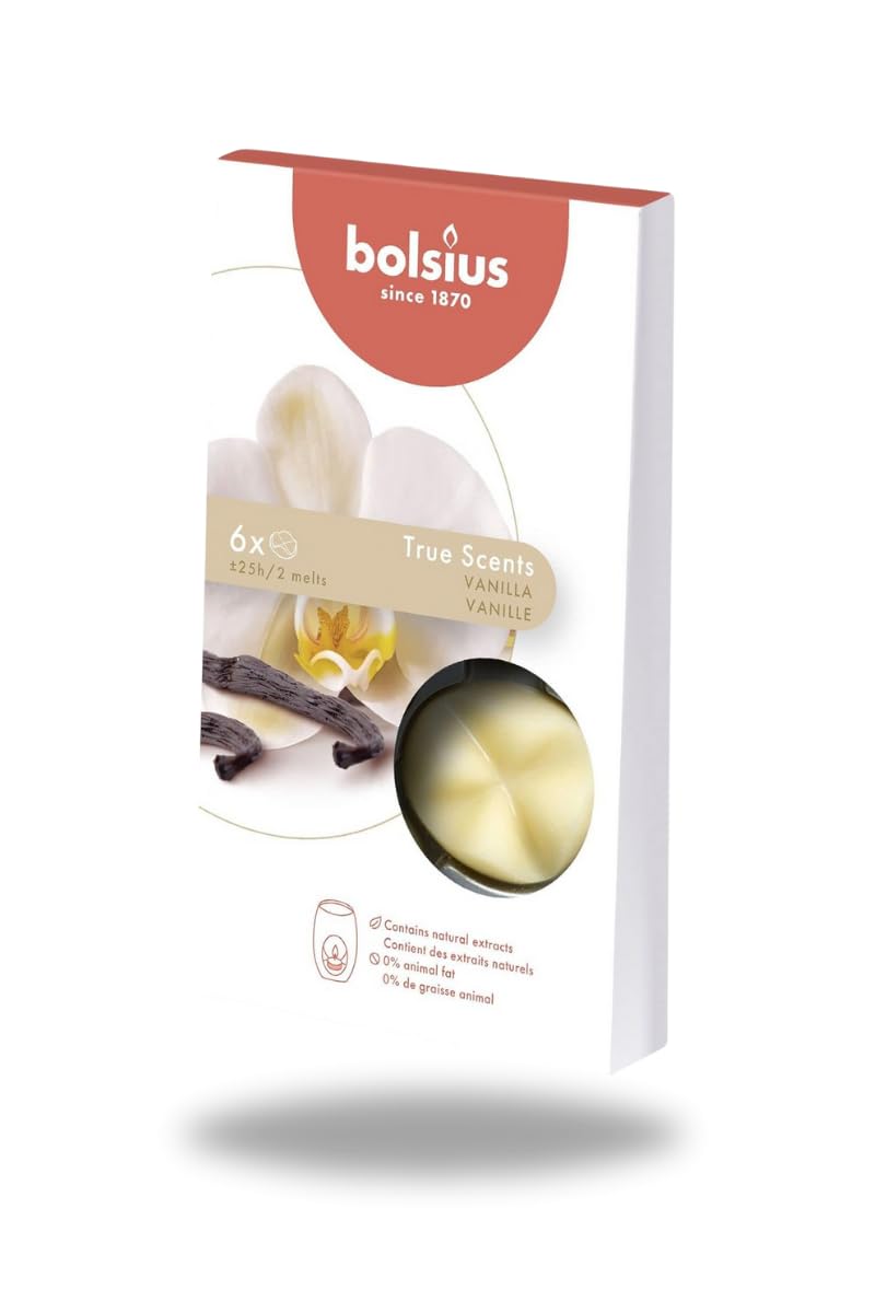 Bolsius Kokulu Buhardanlık Eritme Mum Tableti - Vanilya Kokulu - 6 Yuvarlak Şekilli Tablet Mum - 2-3 kere eritme ile toplamda yaklaşık 25 saat koku deneyimi