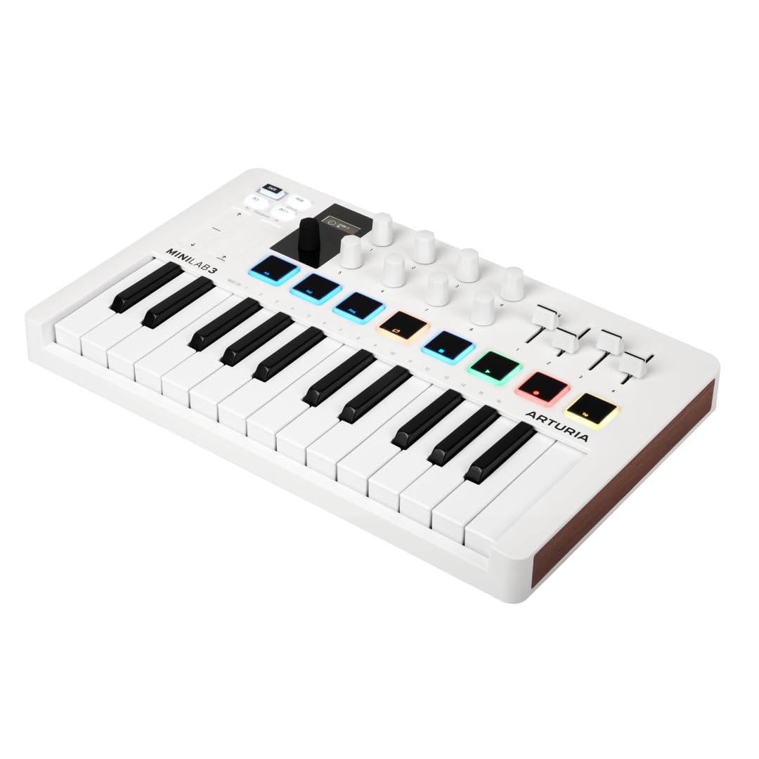 Arturia MiniLab 3 - Müzik üretimi için evrensel MIDI kontrol cihazı, hepsi bir arada yazılım paketi ile - 25 tuş, 8 çok renkli ped, beyaz