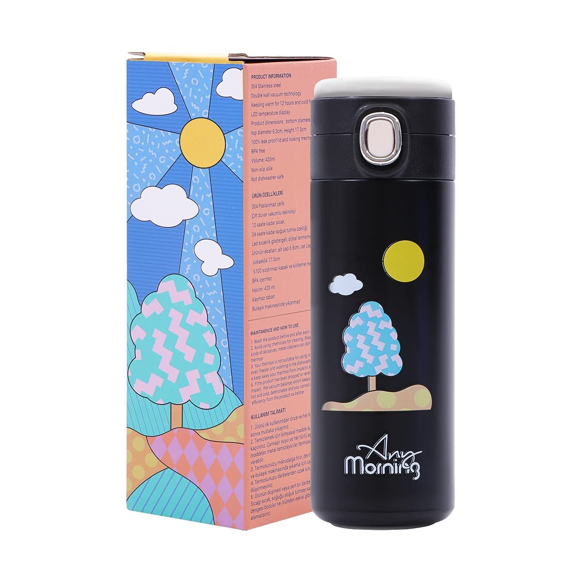 Any Morning 420 ml Paslanmaz Çelik Termos, Sızdırmaz, Vakumlu, Siyah SK22017