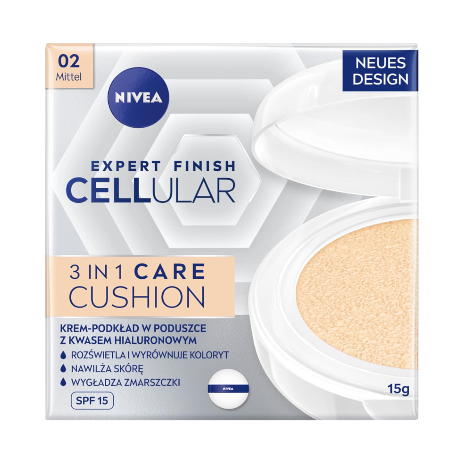 NIVEA Cellular Expert Finish Cushion Renkli Yüz Bakım Kremi 15ml, SPF15 Güneş Koruyucu, Orta Ton, Nemlendirici, Doğal Renk,Hyaluron,Kolajen