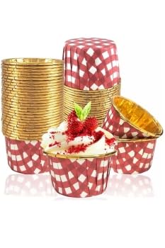 Trend Hediye Sepeti 25'li Kırmızı Gold Ekoseli Kırmızı Pötikare Muffin Kek Kalıbı, Kek Kapsülü Cupcake Kalıbı, Airfryer Uyumlu