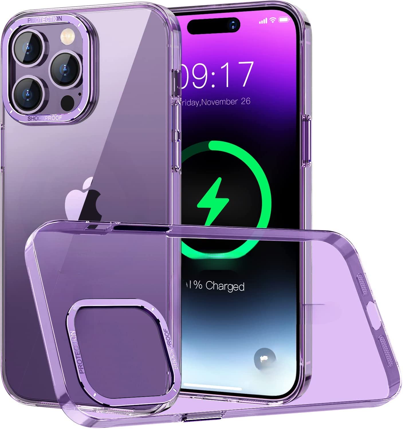 Minesk İphone 14 Pro ile Uyumlu Crystal Clear Ultra Şeffaf Polikarbonat Dış Gövde Kamera Çerçevesi ve Tuşları Metal Sararmayan Premium Sert Kılıf (Derin Mor)