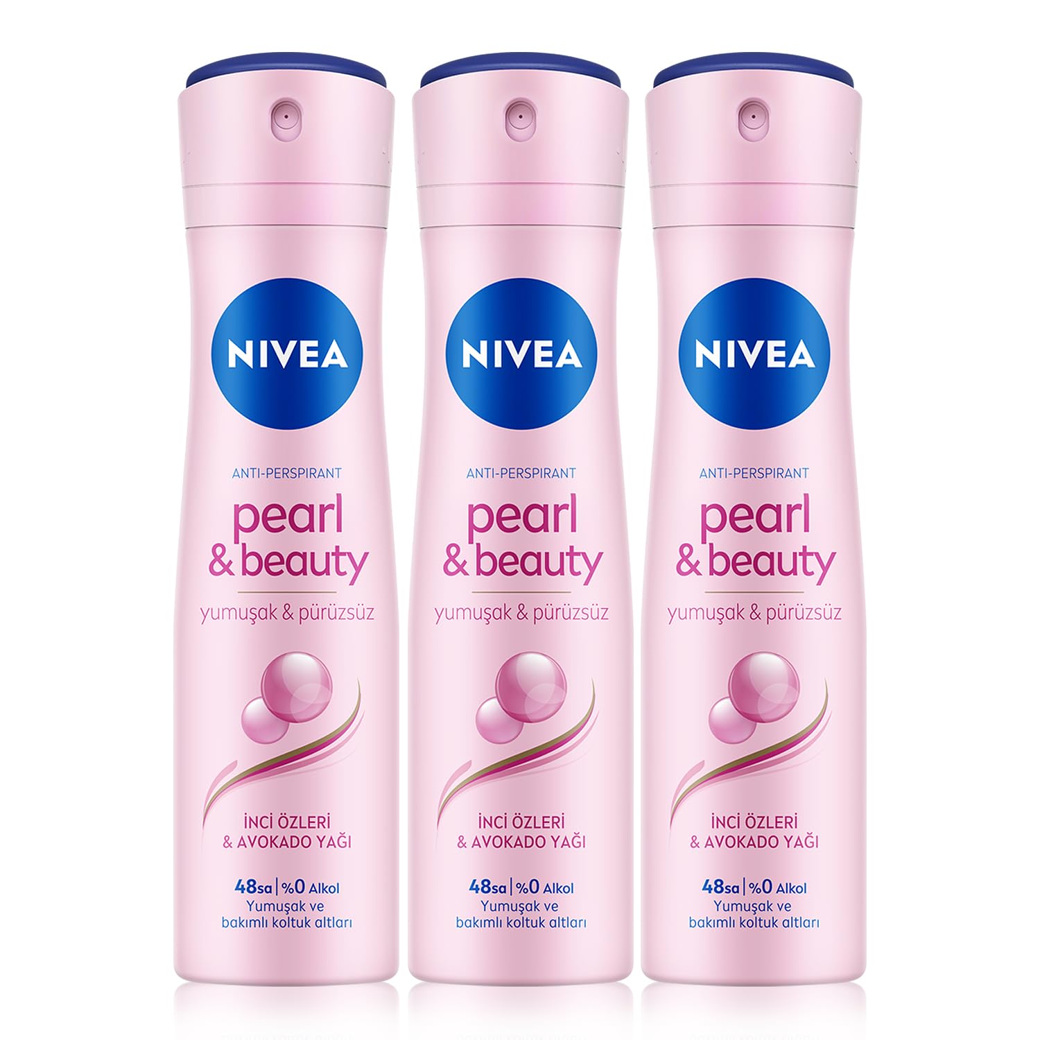 NIVEA Kadın Sprey Deodorant Pearl&Beauty, Ter ve Ter Kokusuna Karşı 48 Saat Anti-perspirant Koruma 150ml x 3 Adet, Pürüzsüz Koltuk Altı, Avantajlı Paket