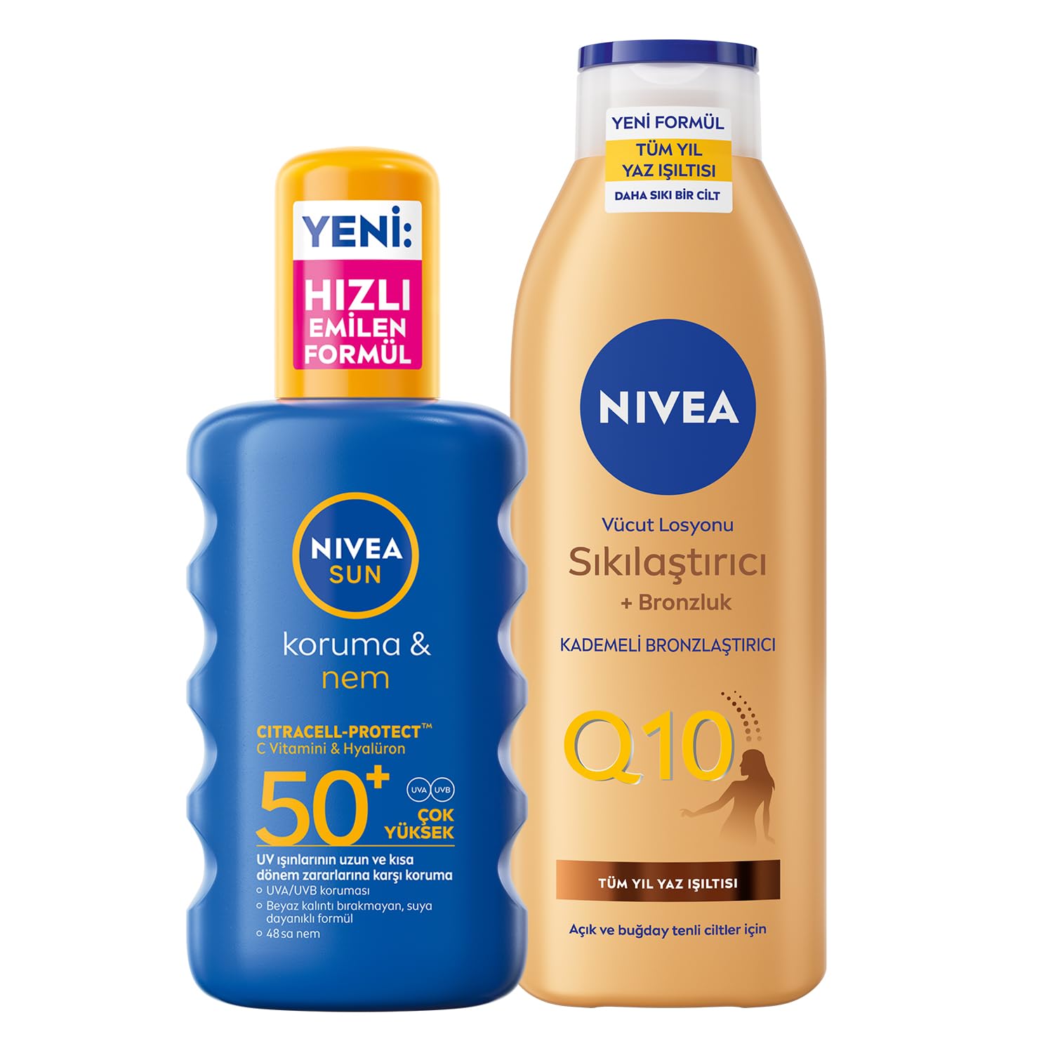 NIVEA SUN SPF50 Koruma ve Nemlendirici Güneş Spreyi 200 ml, Q10 Sıkılaştırıcı,Bronzlaştırıcı Vücut Losyonu 200 ml