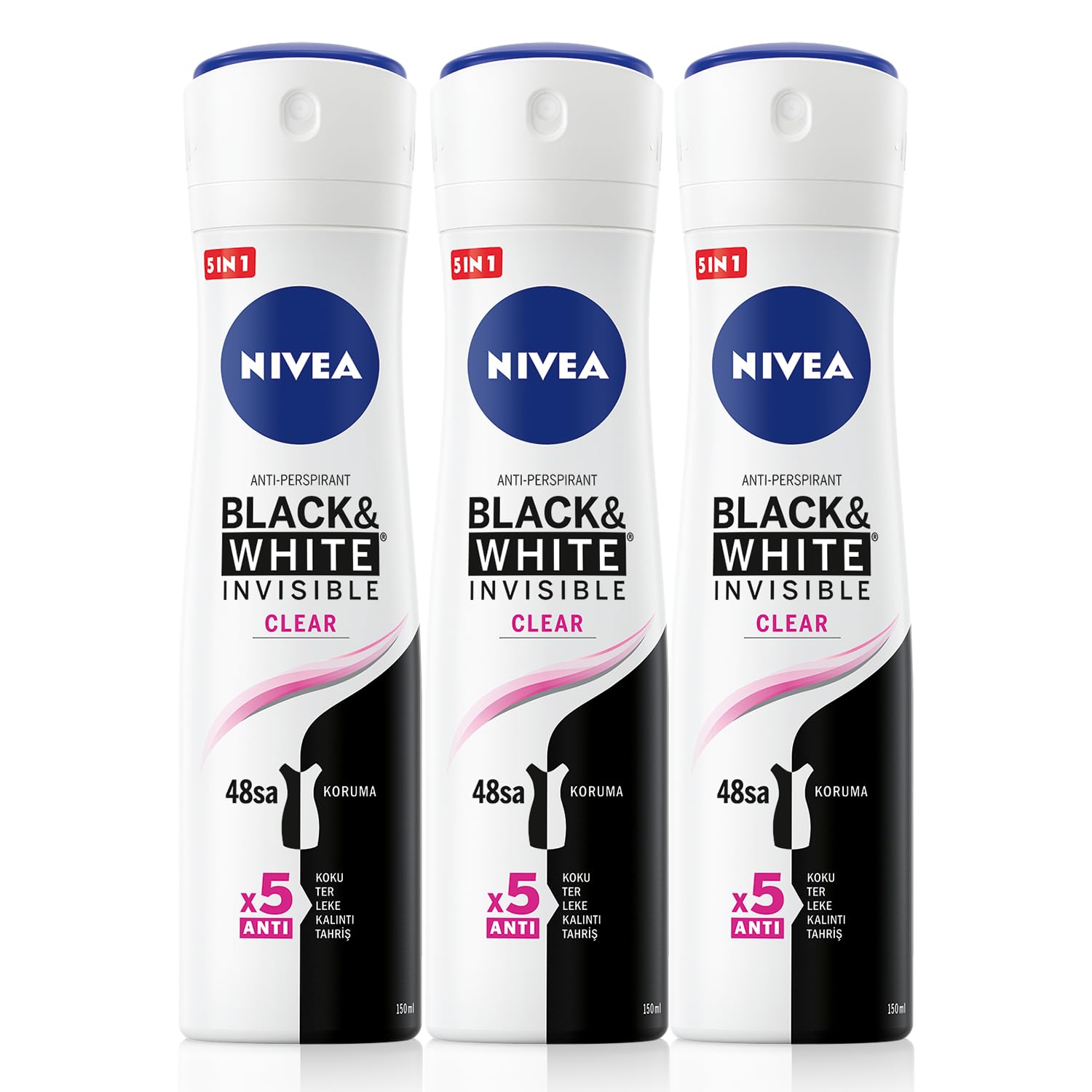 NIVEA Kadın Sprey Deodorant Black&White Invisible Original 150ml, 72 Saat Anti-perspirant Koruma, X3 Adet