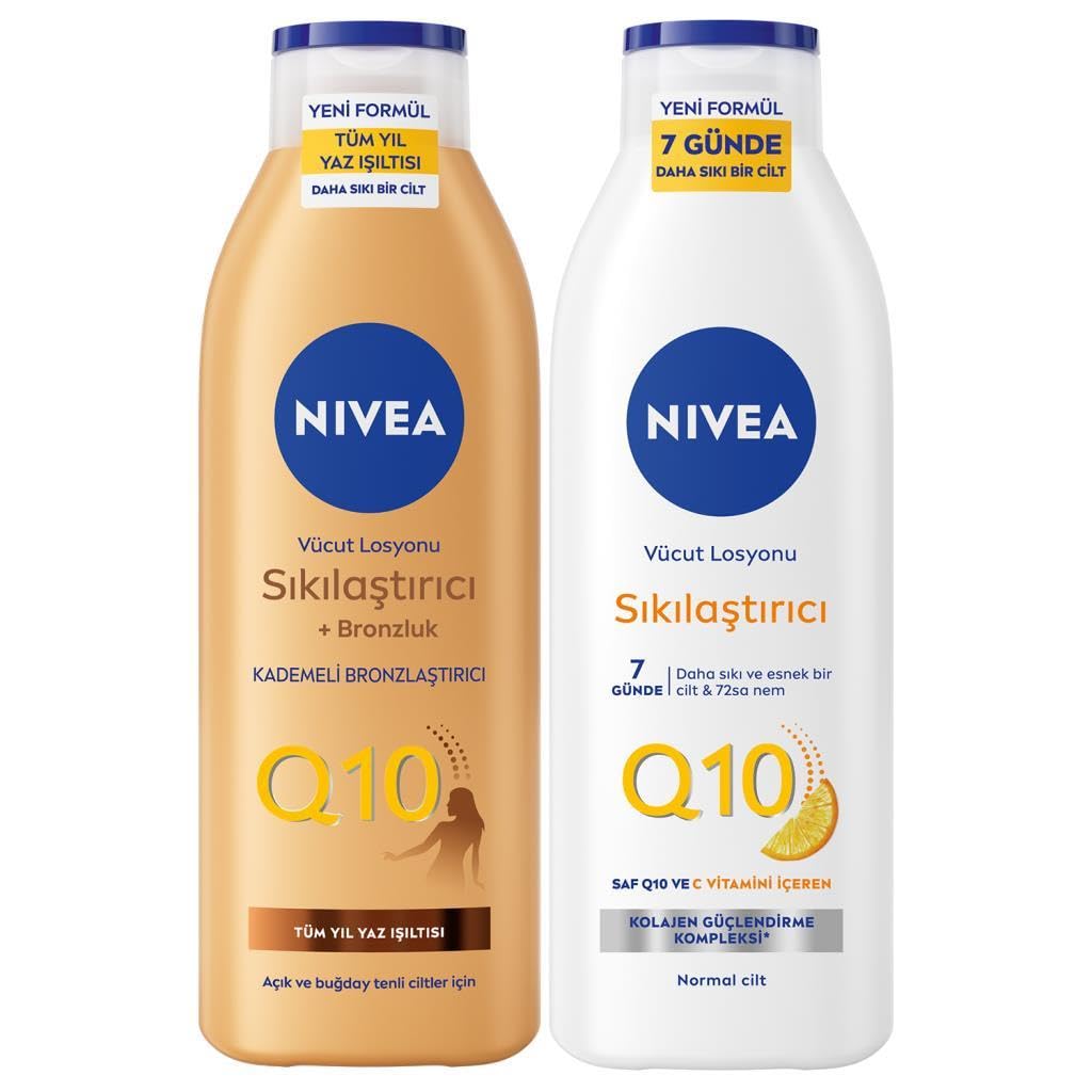 NIVEA Q10 ve C Vitamini Sıkılaştırıcı Vücut Losyonu 250 ml ve Q10 Sıkılaştırıcı ve Bronzluk Vücut Losyonu 200ml, 10 Günde Sıkılaşma, Tüm Cilt Tipleri İçin