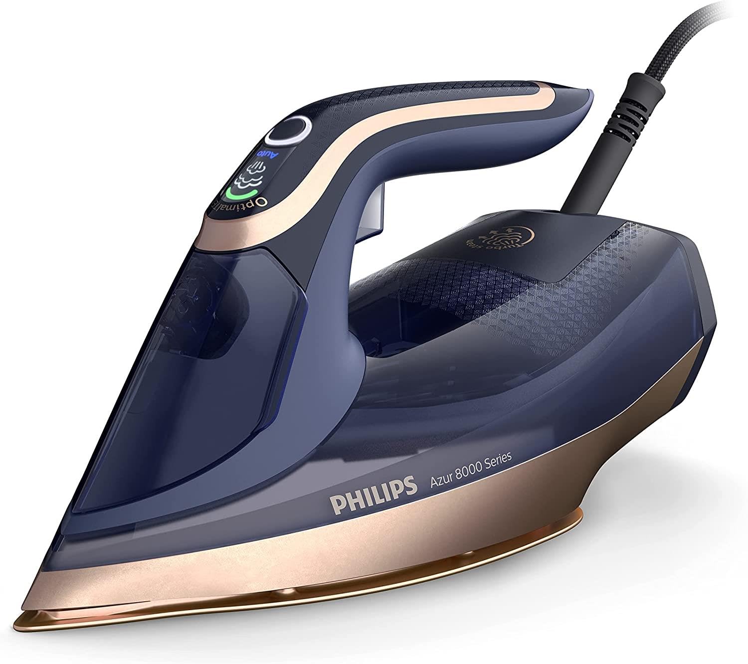 Philips 8000 Serisi Azur Buharlı Ütü, 3000W, 260g Turbo Şok Buhar, 85g/dk Sürekli Buhar, Sıfır Yanık Riski, 50ml'lik Su Haznesi, OptimalTEMP Teknolojisi, SteamGlide Elite Taban, DST8050/20