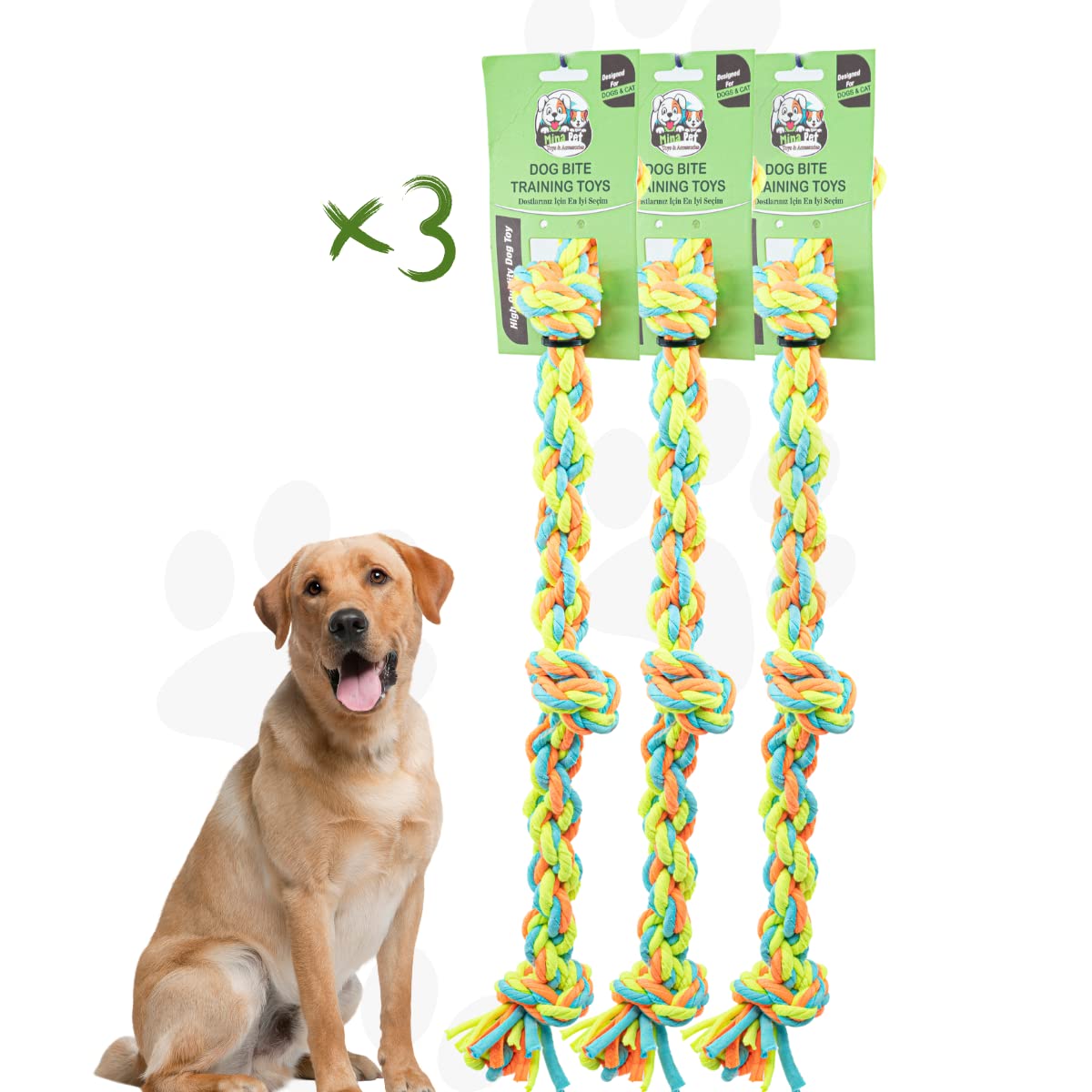 Proud Wave Köpek Oyuncağı 3lü Set Renkli Çekiştirmeli Halat Pamuk - Köpek Isırma Kemirme Oyuncağı Top Diş İpi (3 ADET, Renkli Diş İpi)