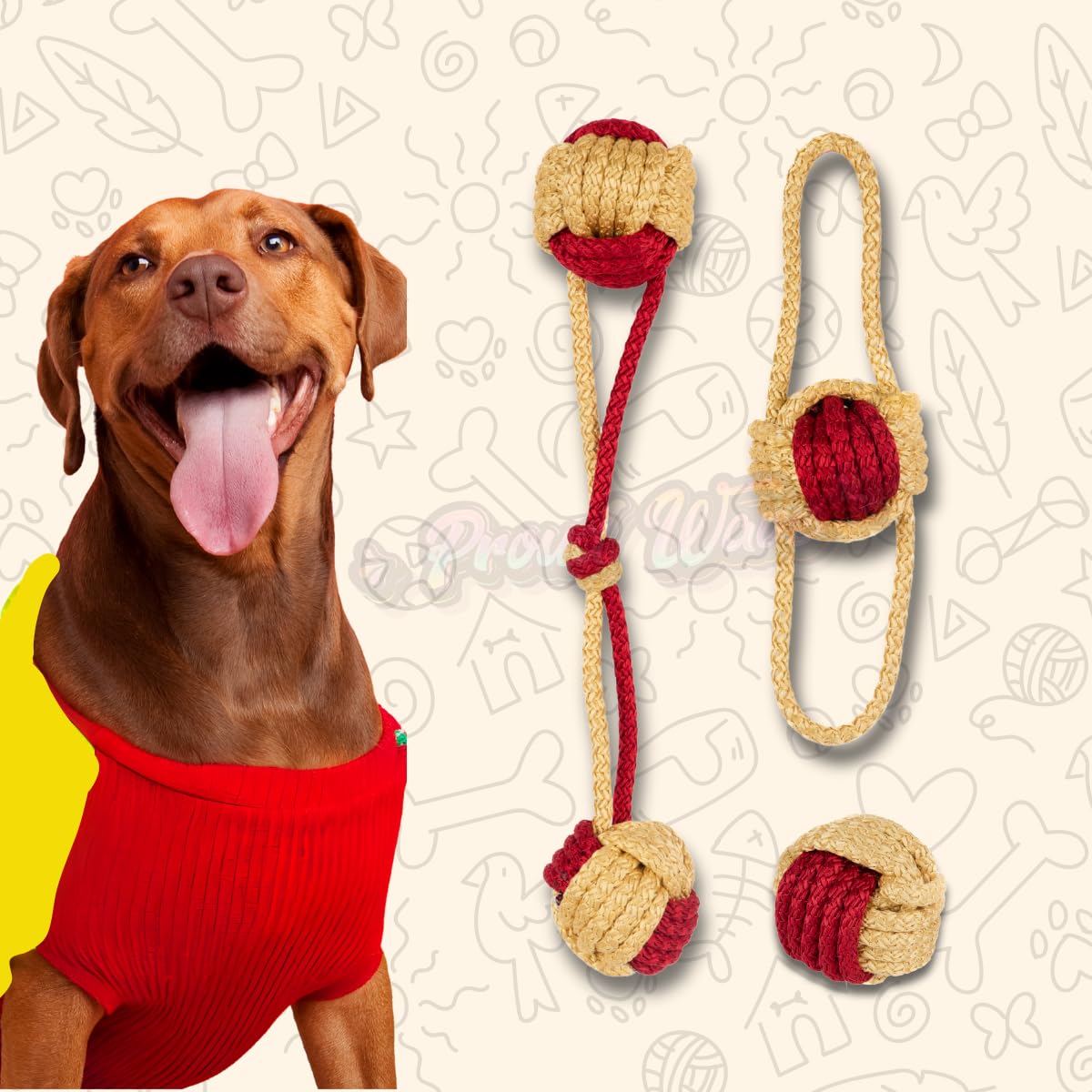 Proud Wave Köpek Oyuncağı Fanatik Üçlü Set Diş İpi Diş Sağlığı Köpek Topu Sarı Kırmızı Orta İri Irk Diş Kaşıma ipi