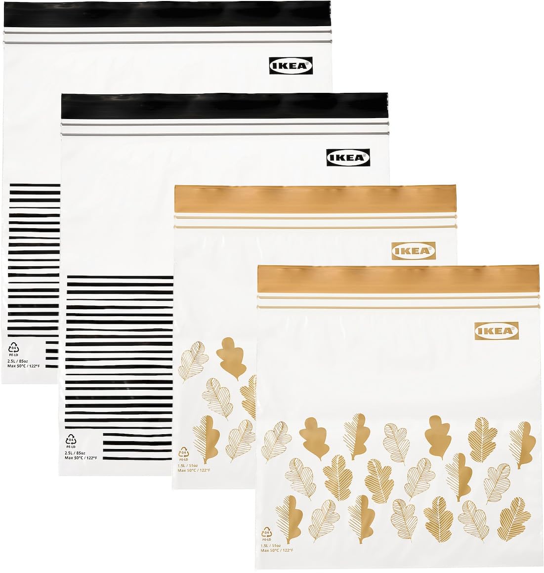 IKEA ISTAD Orta Boy Çift Mühürlü Tekrar Kullanılabilir Gıda Torbaları, 1,2 ve 2,5 Litre, Siyah Çizgili/Sarı Yaprak - 100 Adetlik Set