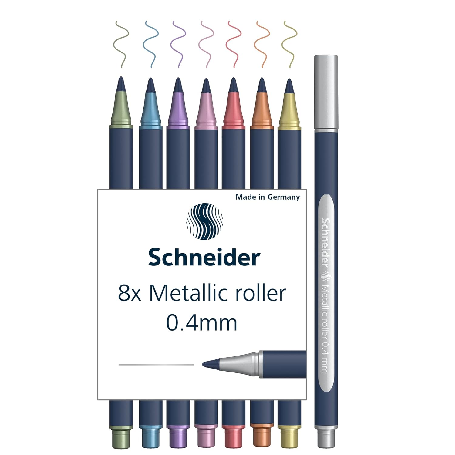 Schneider ML05011502 Metalik Tükenmez Kalem 8'li Set (Çizgi Kalınlığı 0,4 mm, Yüksek Metalik Mürekkep, Hızlı Kuruyan,%88 Biyo Bazlı Plastik Gövde) 8 Adet Çeşitli Renklerde