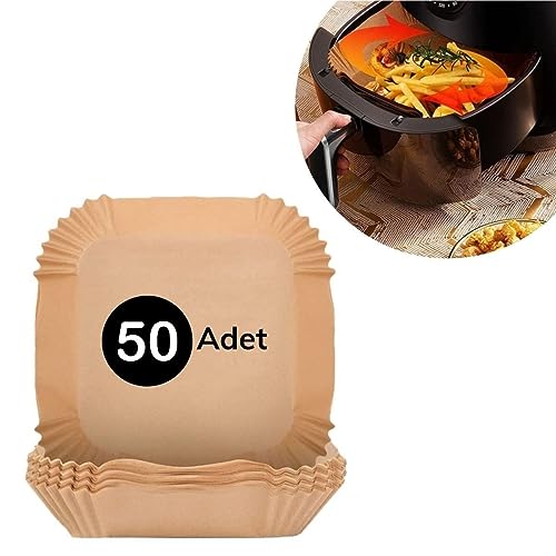 BUFFER® 50 Adet Air Fryer Pişirme Kağıdı Tek Kullanımlık Hava Fritöz Yağ Geçirmez Yapışmaz Gıda Pişirme Kağıdı Kare Tabak Model