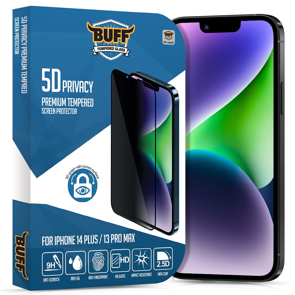 BUFF LABS iPhone 14 Plus/13 Pro Max 5D Privacy Ekran Koruyucu