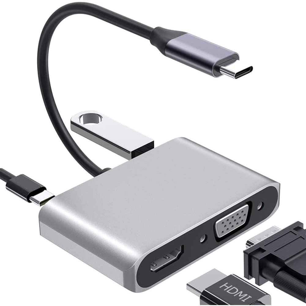 Coverzone Type-C Hdmi Vga Usb 3.0 Type 4in1 Video Dönüştürücü Veri Aktarıcı Usb Adaptör Notebook ve Macbook ile Uyumlu Gri TC-26