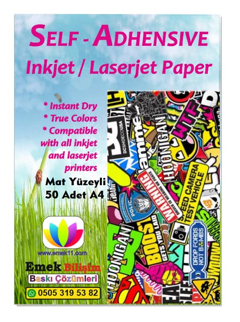 Inkjet Ve Laser Uyumlu Sticker Güçlü Yapışkanlı 50 Adet A4 Etiket Kağıdı MAT YÜZEYLİ 120gsm