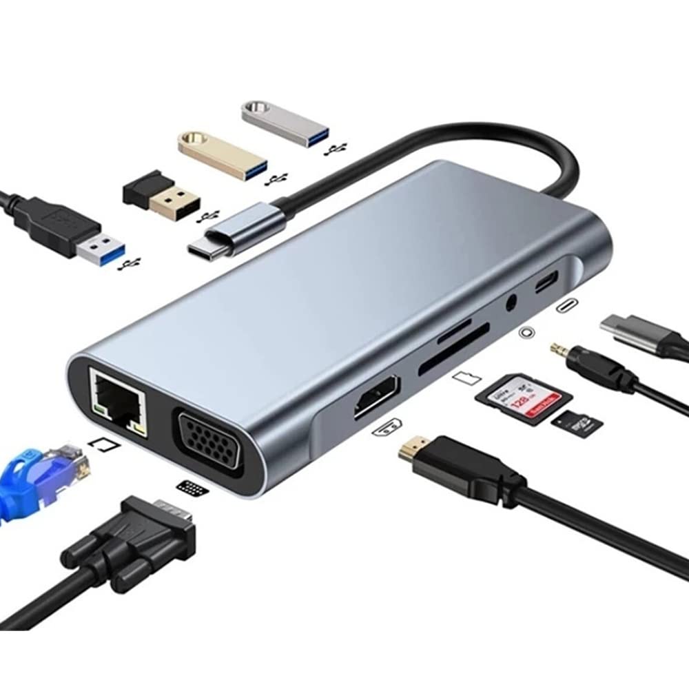 Aksesuarcı TYPE C Hub 11 in 1 USB C Docking Station 4K HDMI,VGA,Type C PD,USB3.0,RJ45 Ethernet,SD/TF AUX Macbook Pc Uyumlu Adaptör Çoklayıcı Çevirici Dönüştürücü hub114
