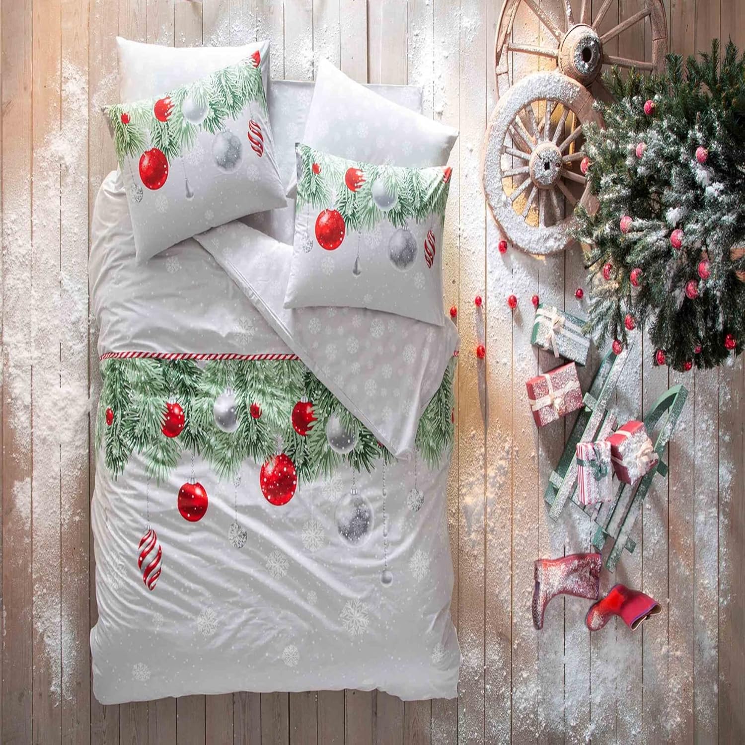 Taç Snowflake Desenli%100 Pamuk Nevresim Takımı, Yeşil, Çift Kişilik