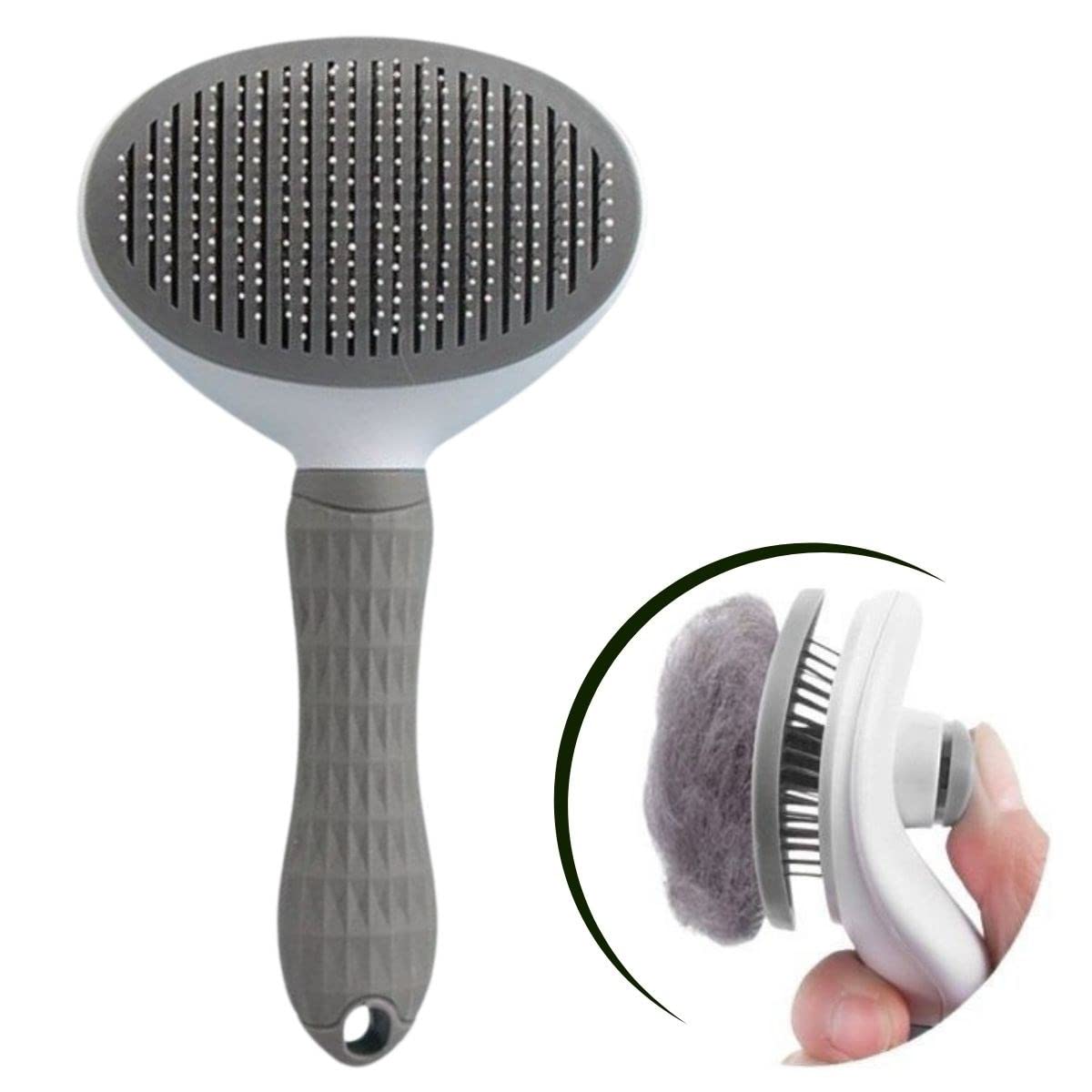 BUFFER® Kedi Köpek Tüy Toplayıcı Kendini Temizleyebilen Ergonomik Saplı Kullanımı Rahat Kaymaz Evcil Hayvan Tarağı Gri