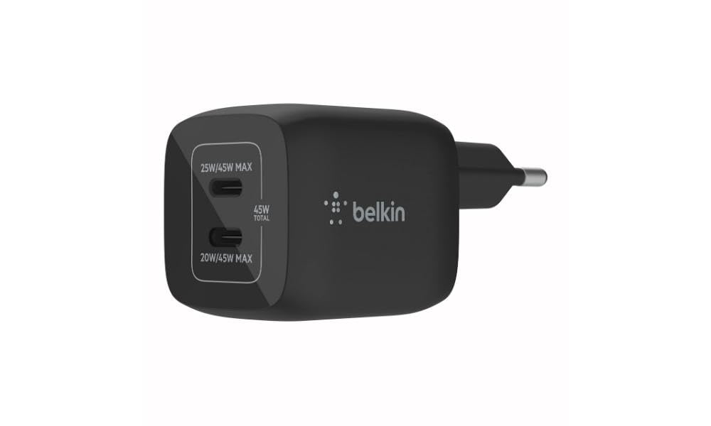 Belkin Çift USB-C Duvar Şarj Cihazı 45W, iPhone 14, 13, 12, Pro, Pro Max, iPad Pro 12.9, 11, MacBook, Galaxy S23, S23+, Ultra, Tab ve daha fazlası için GaN Teknolojili PD 3.0 Hızlı Şarj