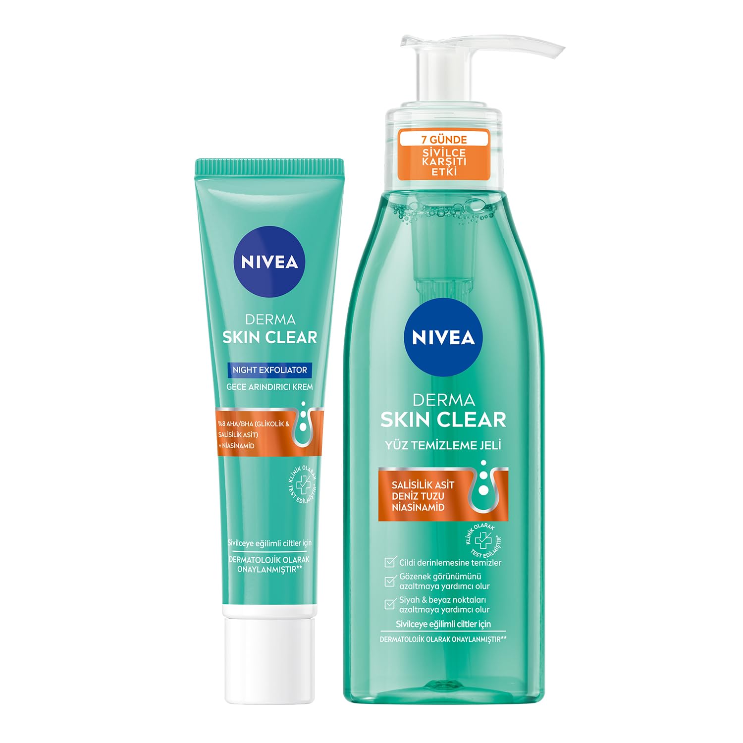 NIVEA Derma Skin Clear Sivilce Karşıtı Yüz Temizleme Jeli 150ml ve Gece Arındırıcı Krem 40ml, Nisaniamid, Salisilik Asit, BHA, Yağlı Cilt, Yüz Bakım, Cilt Bakım