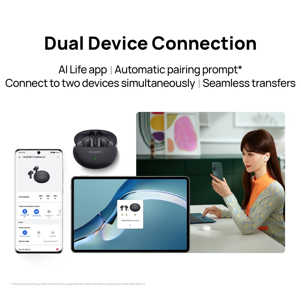 Huawei FreeBuds 5i kablosuz kulaklık – uzun pil ömrü ile gürültü azaltma – Bluetooth ve su geçirmez kulak içi kulaklık, Hi-Res ses sertifikalı, Nebula Black
