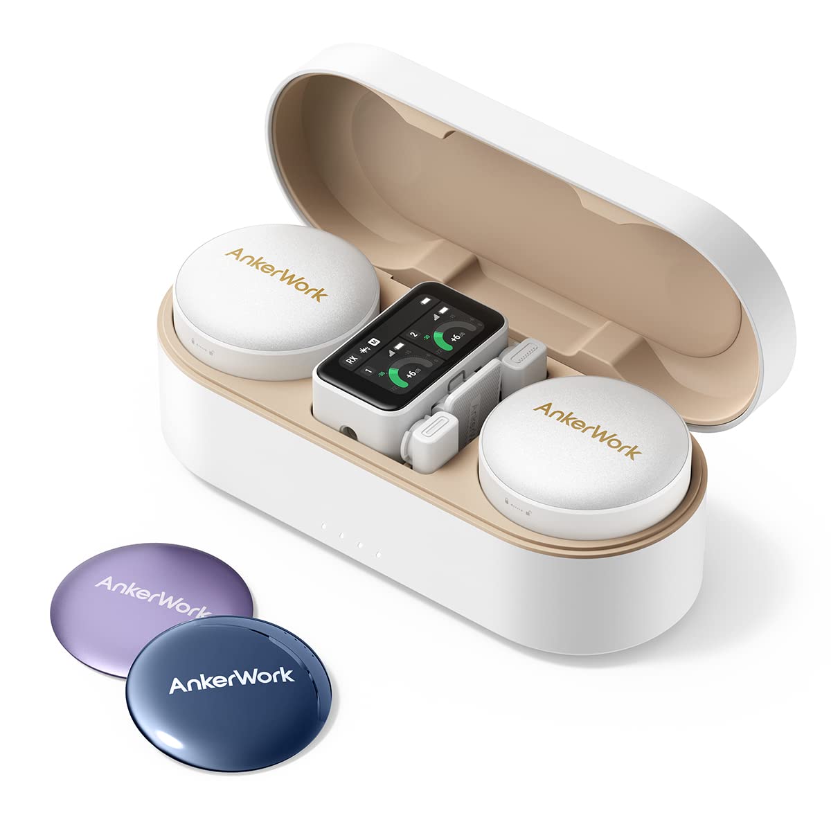 AnkerWork Anker, , M650, Wireless Yayıncı Mikrofonu, Şarj Kutusuyla 15 Saat Pil Ömrü, VoiceShield, LC3plus Codec, Çift Kanallı Kayıpsız Ses Alımı, Beyaz