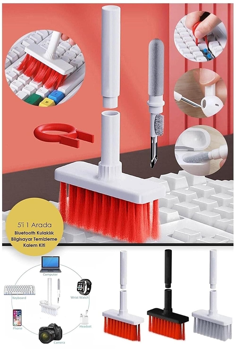 Safestore Çok Amaçlı Kırmızı Hassas Fırça Başlıklı Bilgisayar Klavye Laptop Temizleme Fırçası 5 In 1