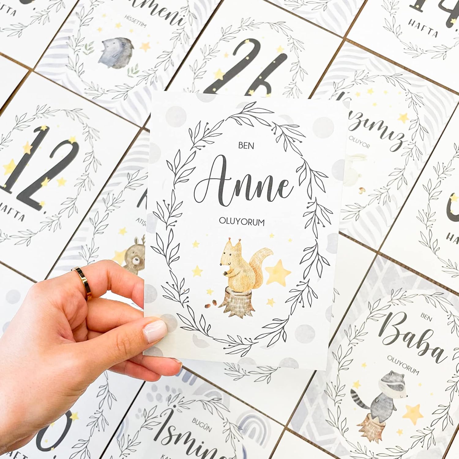 FUFİZU Woodland Hamile Anı Kartı - 24’lü Gebelik Fotoğraf Çekim Kartları - Hamilelik Duyuru Kartları