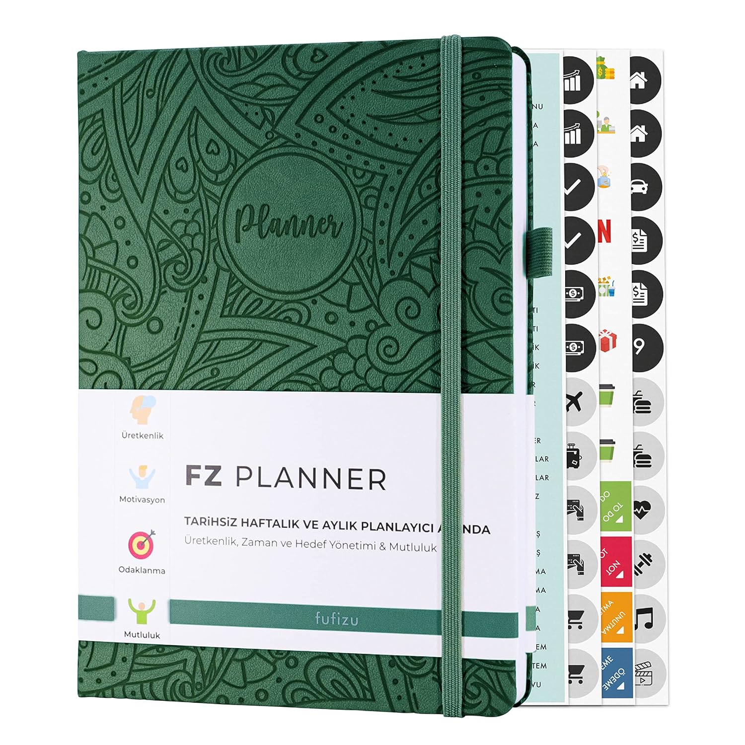 FUFİZU Fz Planner Tarihsiz Haftalık Planlayıcı Deri Ajanda Etnik, Yeşil