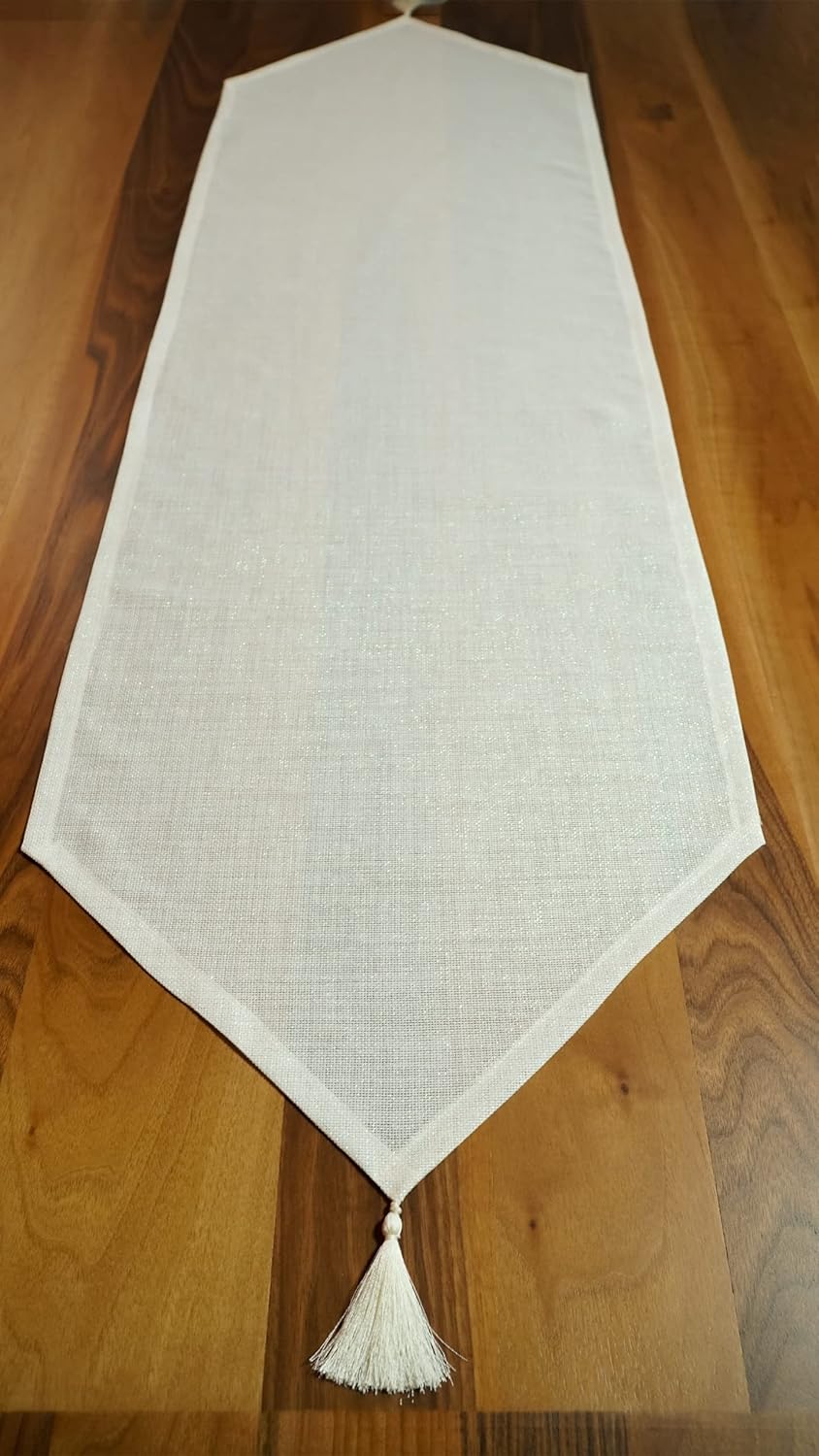 Viemso Simli Keten Runner Püsküllü, Kırık Beyaz, 45x150cm