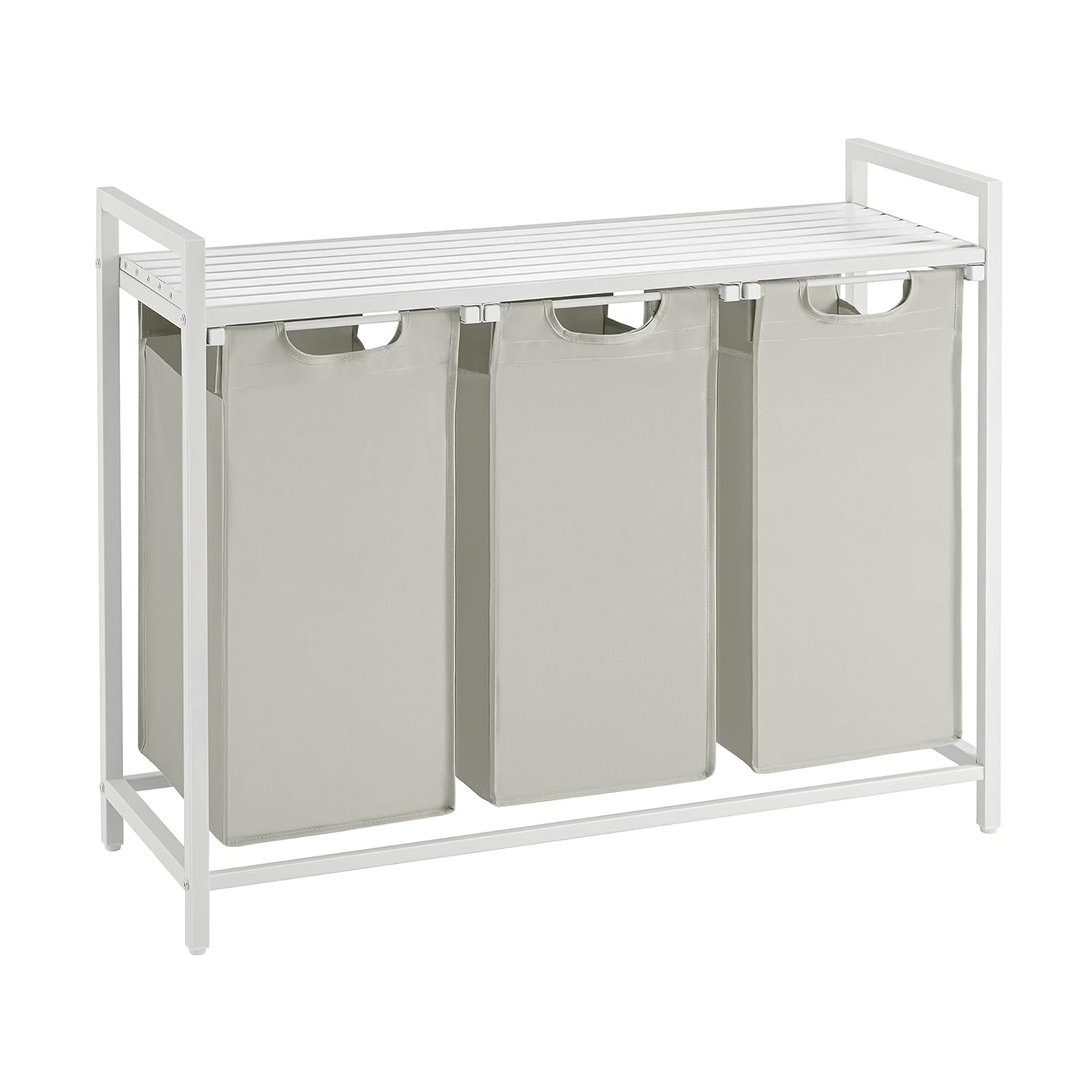 VASAGLE Çamaşır Sepeti 3 Bölmeli, Raflı Çamaşır Torbası, Çamaşır Kutusu, Oxford Kumaştan Uzatılabilir Çamaşır Torbası, Metal Çerçeve, 3 x 38 L, 92,5 x 33 x 72 cm, Beyaz BLH301W01