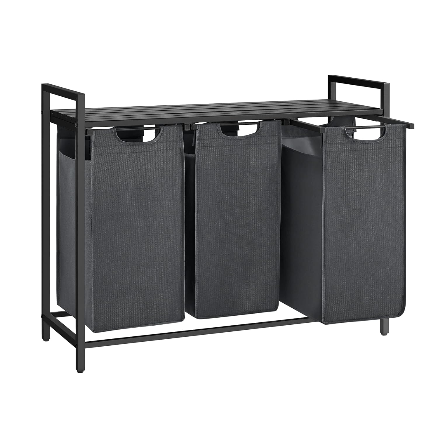 VASAGLE Çamaşır Sepeti 3 Bölmeli, Raflı Çamaşır Sepeti, Çamaşır Kutusu, Oxford Kumaştan Çekilebilir Çamaşır Torbası Çıkarılabilir, Metal Çerçeve, 3 x 38 L, 92,5 x 33 x 72 cm, Siyah-Gri BLH301G01
