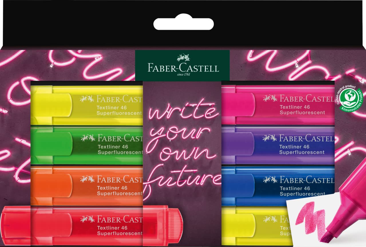Faber-Castell Fosforlu Kalem Seti, 8’li, Şeffaf Renkler, Su Bazlı Mürekkep, Kesik Uç, 3 Farklı Çizgi Kalınlığı, Dayanıklı Mürekkep