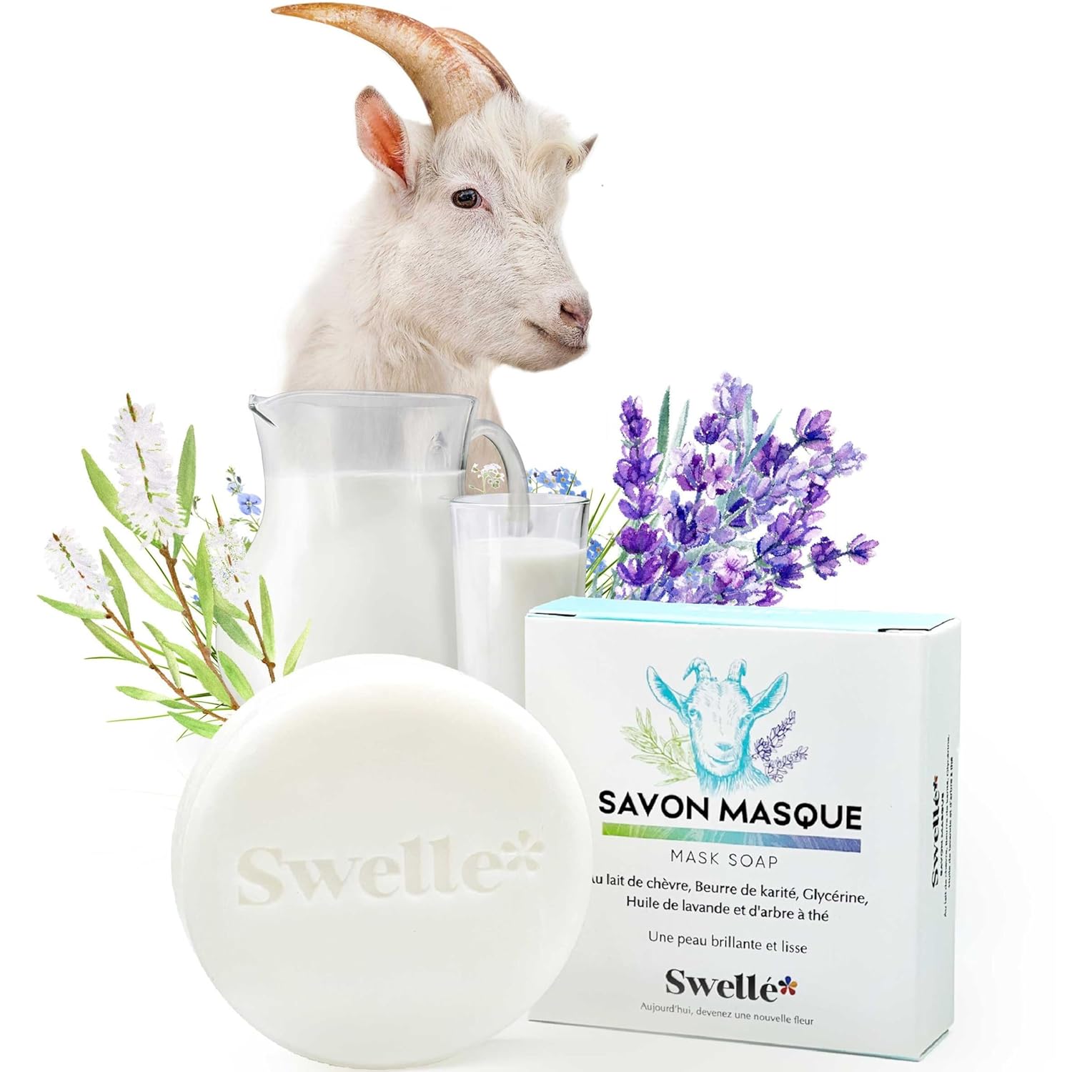 SWELLE Keçi Sütü Sabunu 110gr Shea Butter Çay Ağacı Lavanta Yüz Maskesi 1 adet Doğal Katı Sabun Vücut Peelingi Yüz, Siyah Nokta Yüz Maskesi, Yüz Bakımı Güzellik Sabunu