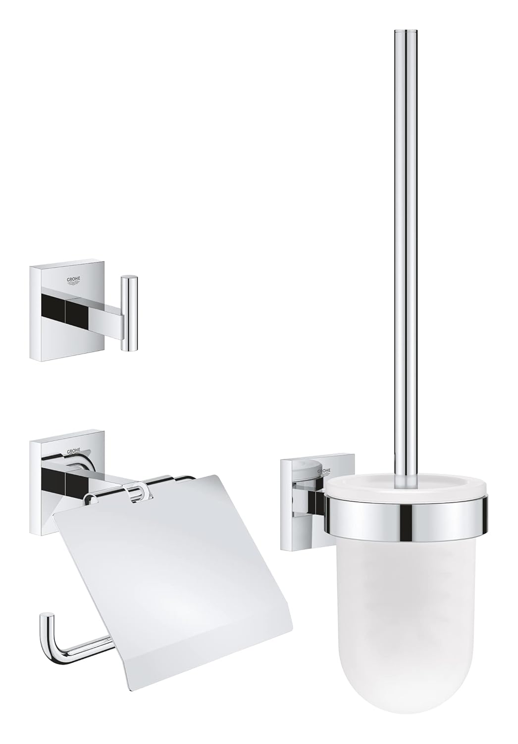 GROHE Start Cube QuickFix Üçlü Tuvalet Aksesuar Seti, Tuvalet Kağıtlığı, Tuvalet Fırçası, Bornoz Askısı, Duş / Banyo Aksesuarları, Krom, 41123000