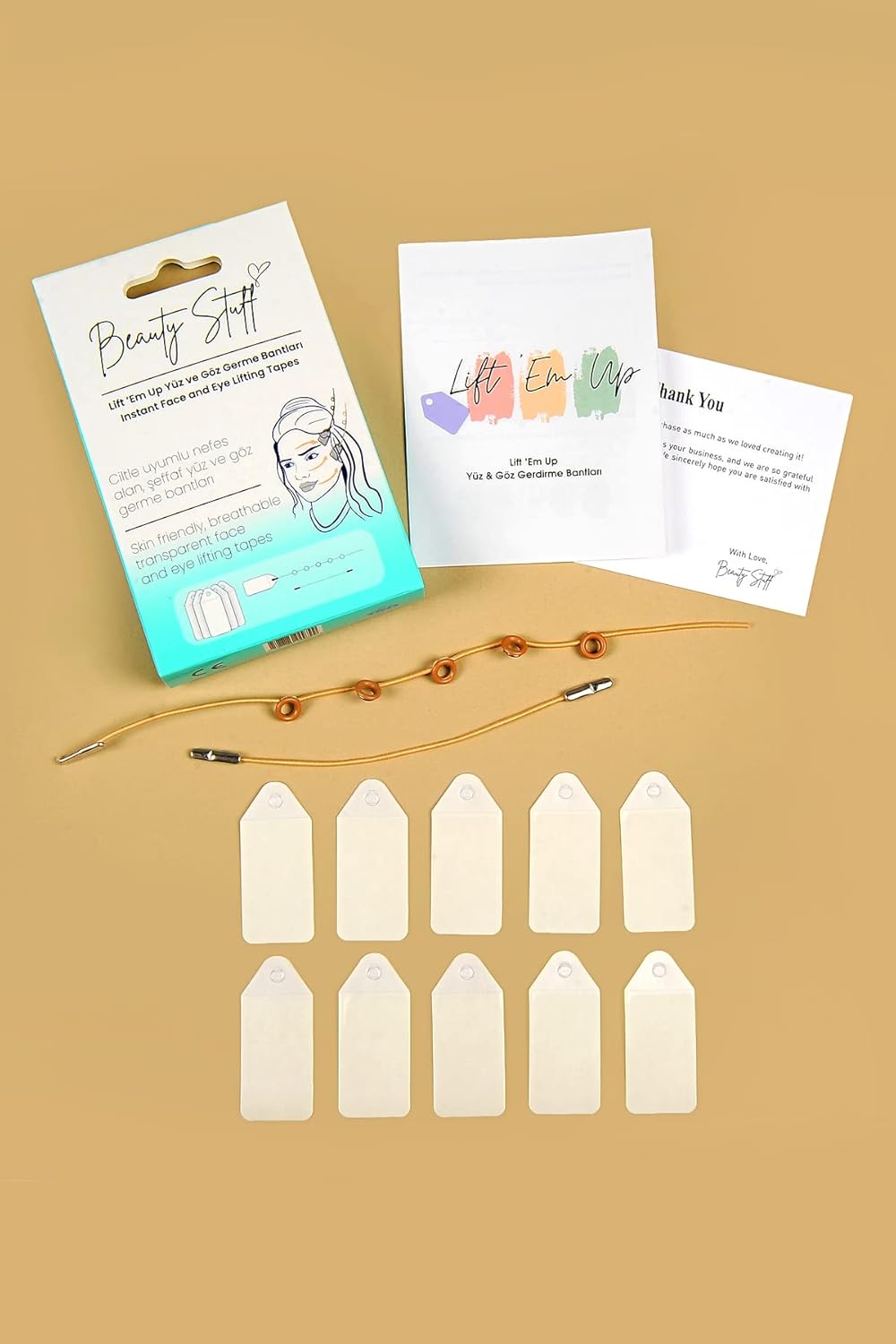 Lift ‘Em Up Yüz ve Göz Germe Bantları 10 Adet - Bej Lastikli (Made in USA) (Bej)