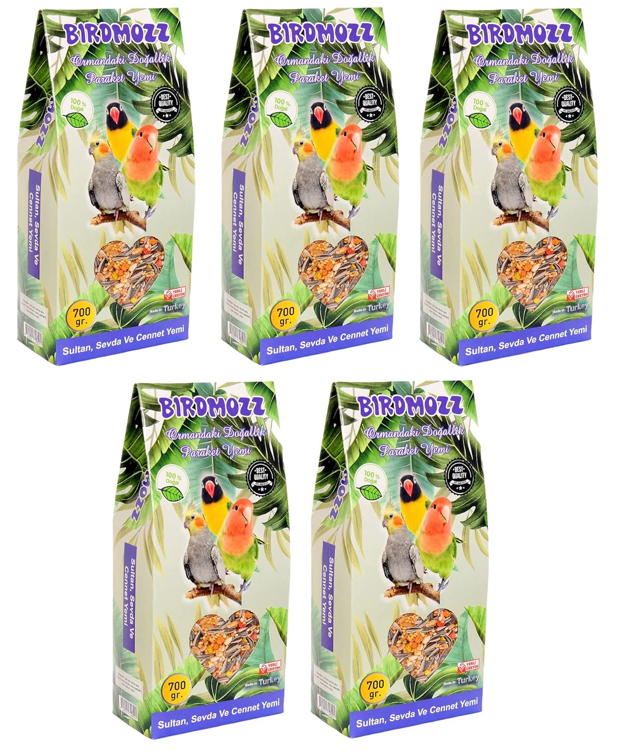 BirdMozz Premium Vitaminli Paraket Cennet Sultan Ve Sevda Kuşu Yemi 700 Gr X 5 Ade