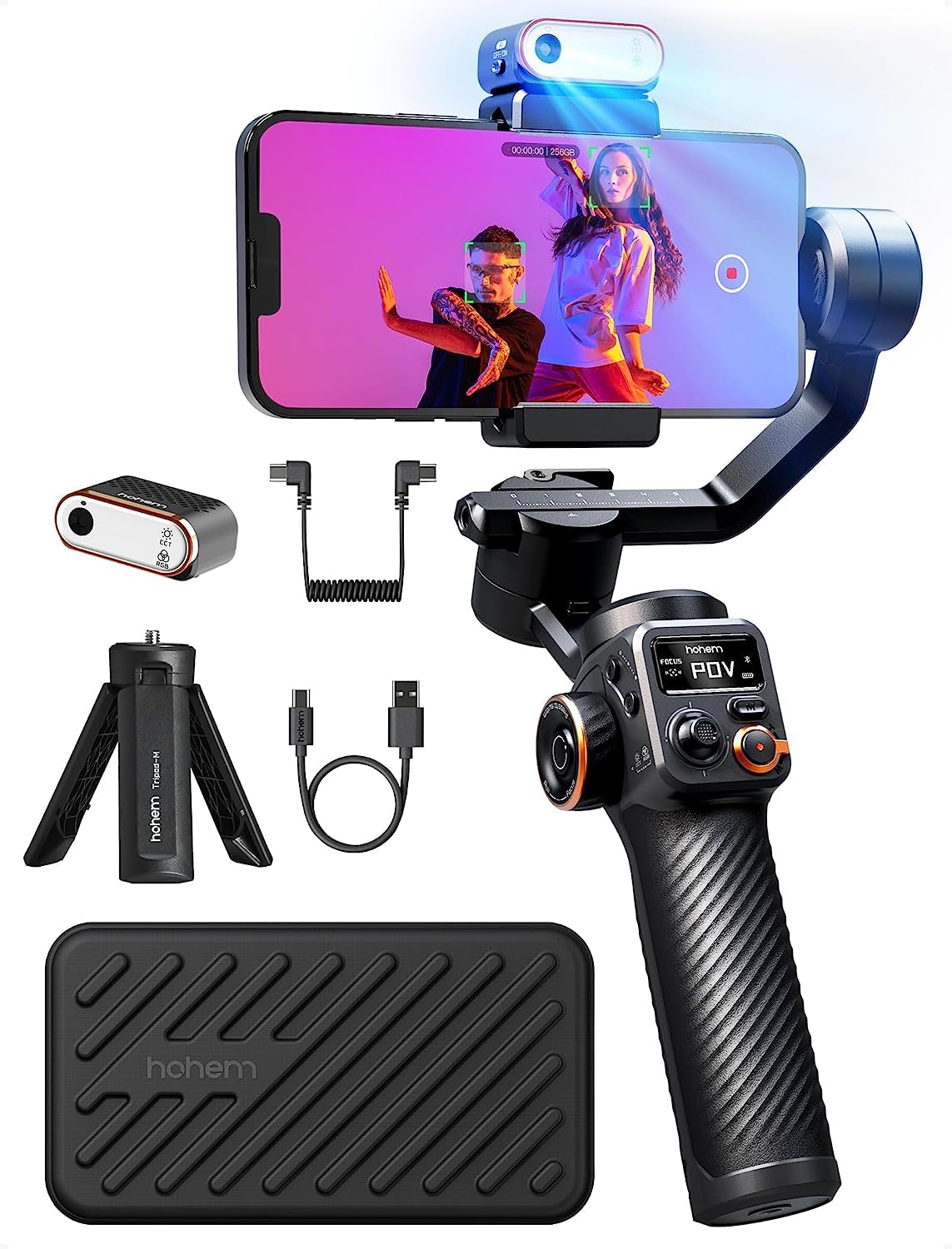 hohem iSteady M6 Kit 3 eksenli cep telefonu stabilizatörü, manyetik AI izleyicili Gimbal akıllı telefon, ayarlanabilir CCT/RGB dolum ışığı, 0,91 inç OLED ekran, maks. taşıma kapasitesi 400 g, Volgging