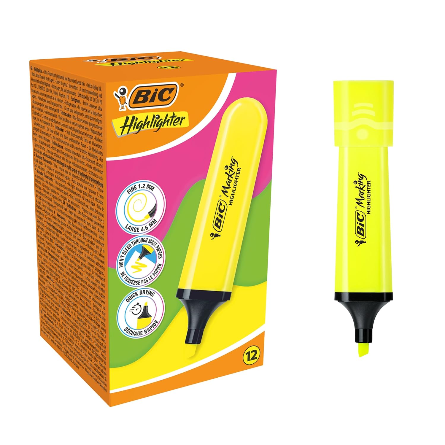BIC Marking Flat Higlighter Fosforlu Kalem 12'li Kutu, Sarı Fosforlu Kalem, Su Bazlı, Hızlı Kuruyan Mürekkep