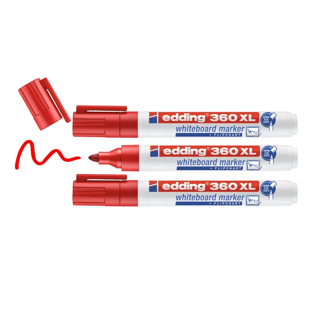 edding 360 XL beyaz yazı tahtası kalemi, kırmızı, 3'lü set, yeniden doldurulabilir
